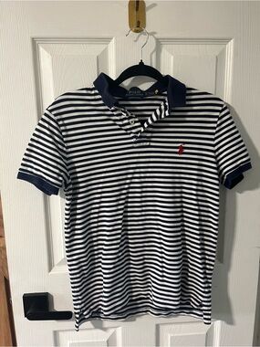 Polo Ralph Lauren Striped Custom Slim Fit Polo Shirt Navy Blue White - Small